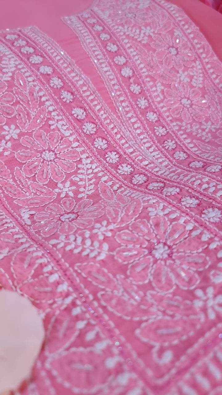 Unstitched Cotton Hand Embroidered Chikankari Dress Material with Cutdana, Resham & Badla Work | Pure Chiffon Dupatta | Lucknowi Artistry