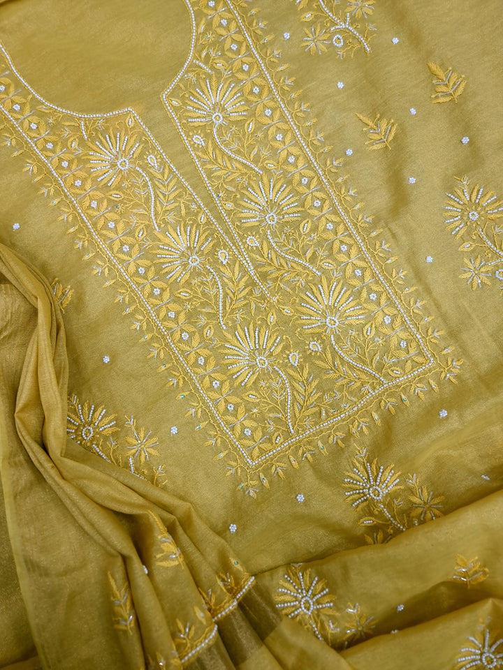 Soft Tissue Chikankari Unstitched Dress Material | 3 Taar Hand Embroidery with Pearl & Cutdana Work + Golden Border Dupatta