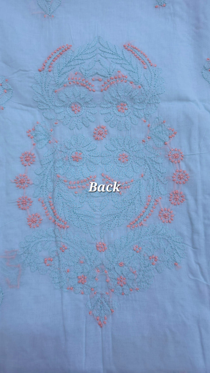 Lucknow Chikankari Hand Embroidered Cotton Dress Material with Tri-Color Motifs & Pure Chiffon Dupatta