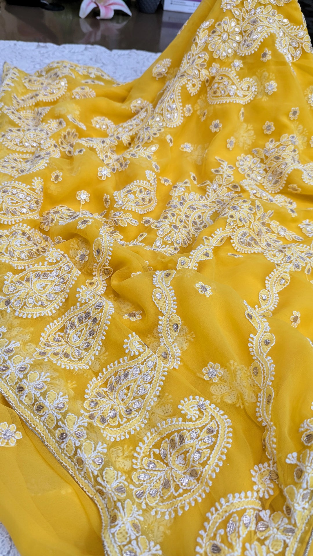 Embellished with Gota Patti | Hand Chikankari Faux Georgette Saree | Lucknowi Embroidery | Designer Festive Wear by Paridhan Chikan