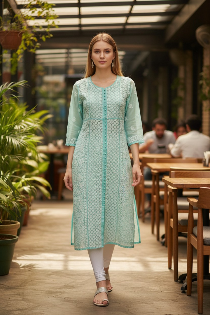 Women's Chikankari Georgette Front-Open Look Kurta | Hand Embroidered Lucknowi Ethnic Wear