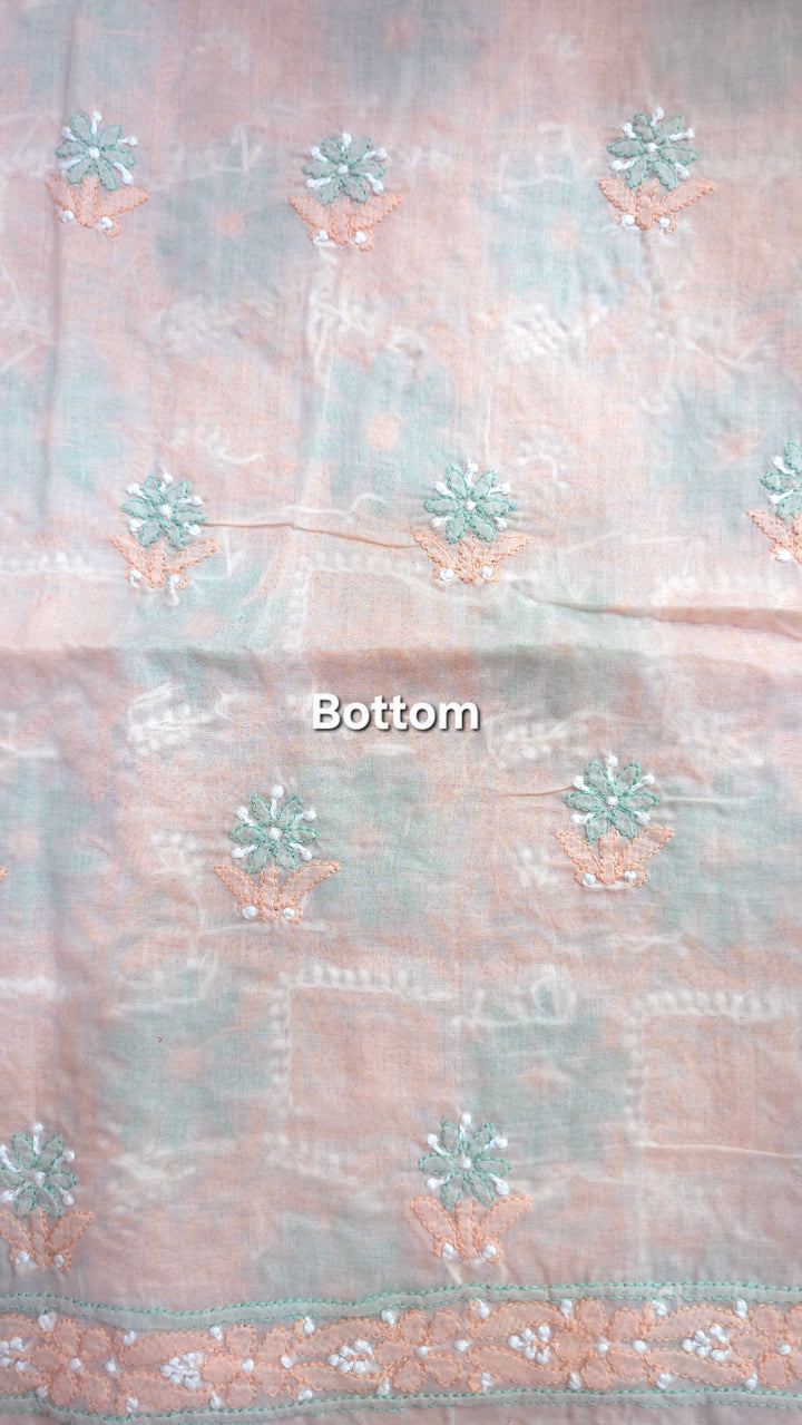 Lucknow Chikankari Hand Embroidered Cotton Dress Material with Tri-Color Motifs & Pure Chiffon Dupatta