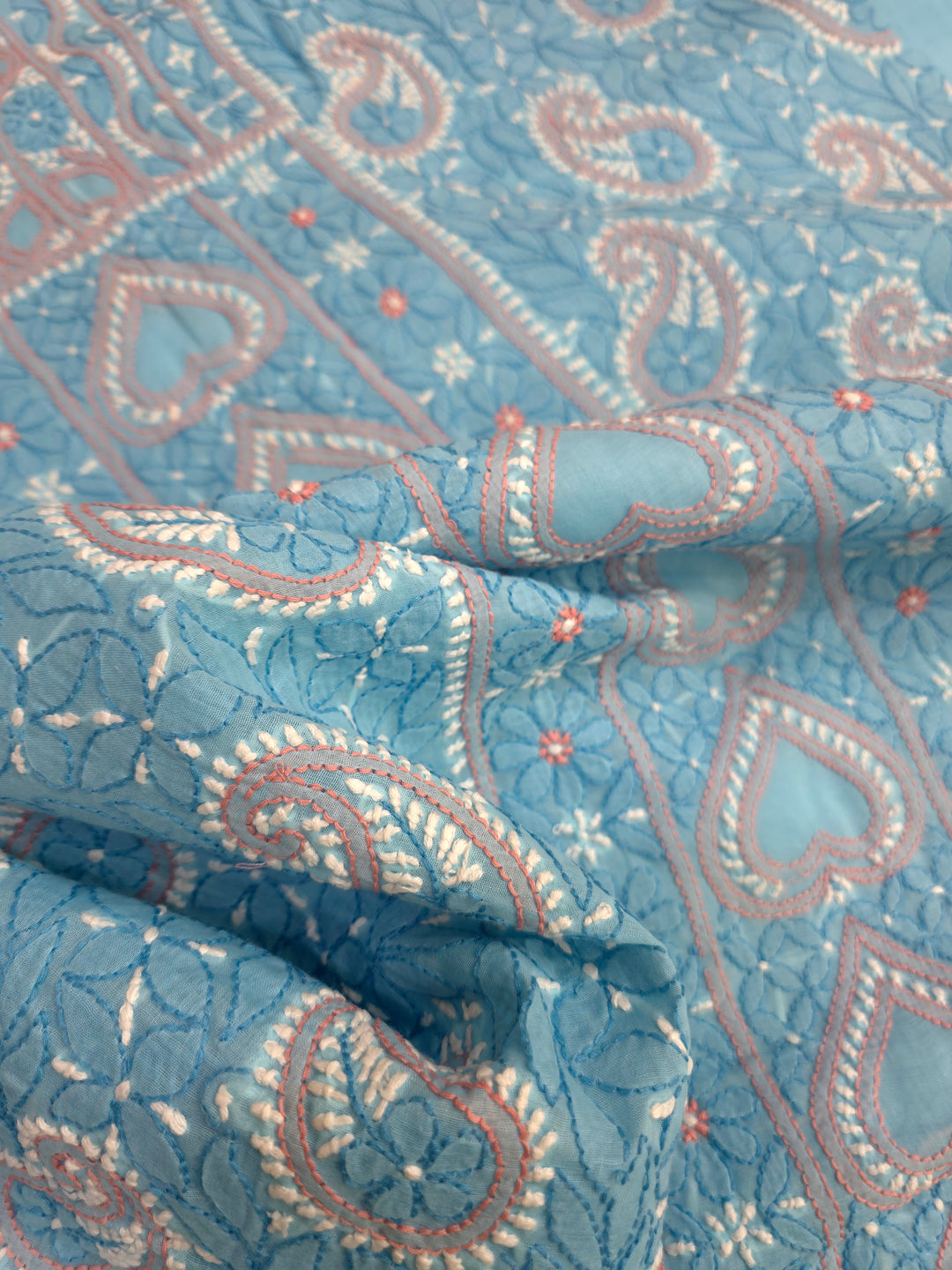 Lucknow Chikankari Hand Embroidered Cotton Dress Material with Tri-Color Motifs & Pure Chiffon Dupatta