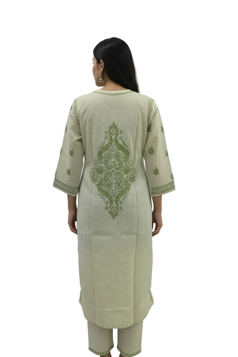 Pure Cotton Linen Lucknowi Chikankari Long Kurti | 100% Hand Embroidered | Non-Transparent | No Shrinkage