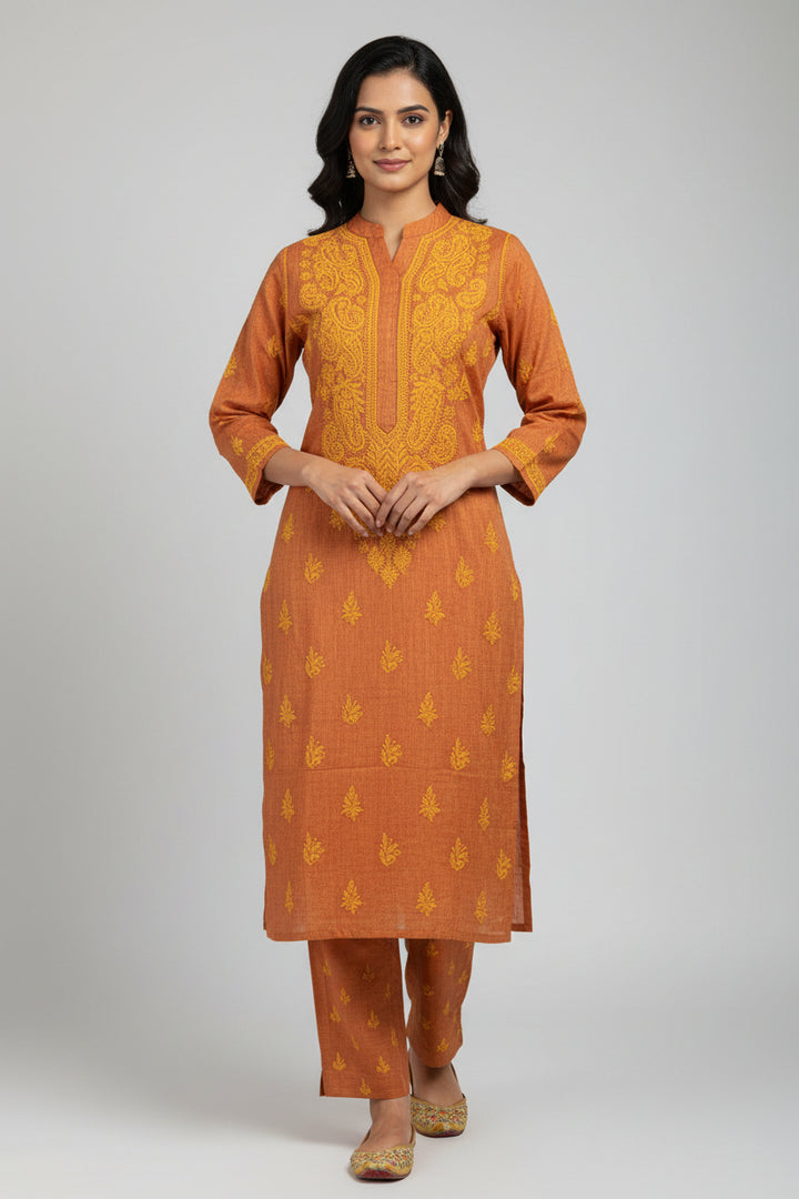 Pure Cotton Linen Lucknowi Chikankari Long Kurti | 100% Hand Embroidered | Non-Transparent | No Shrinkage
