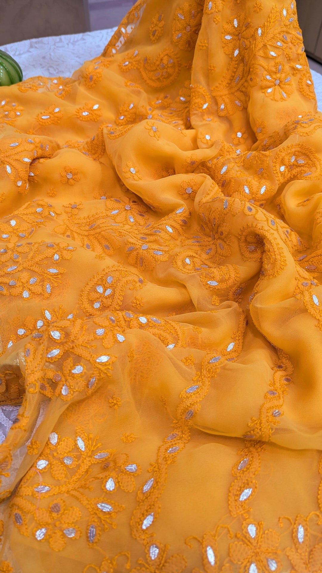 Embellished with Gota Patti | Hand Chikankari Faux Georgette Saree | Lucknowi Embroidery | Designer Festive Wear by Paridhan Chikan