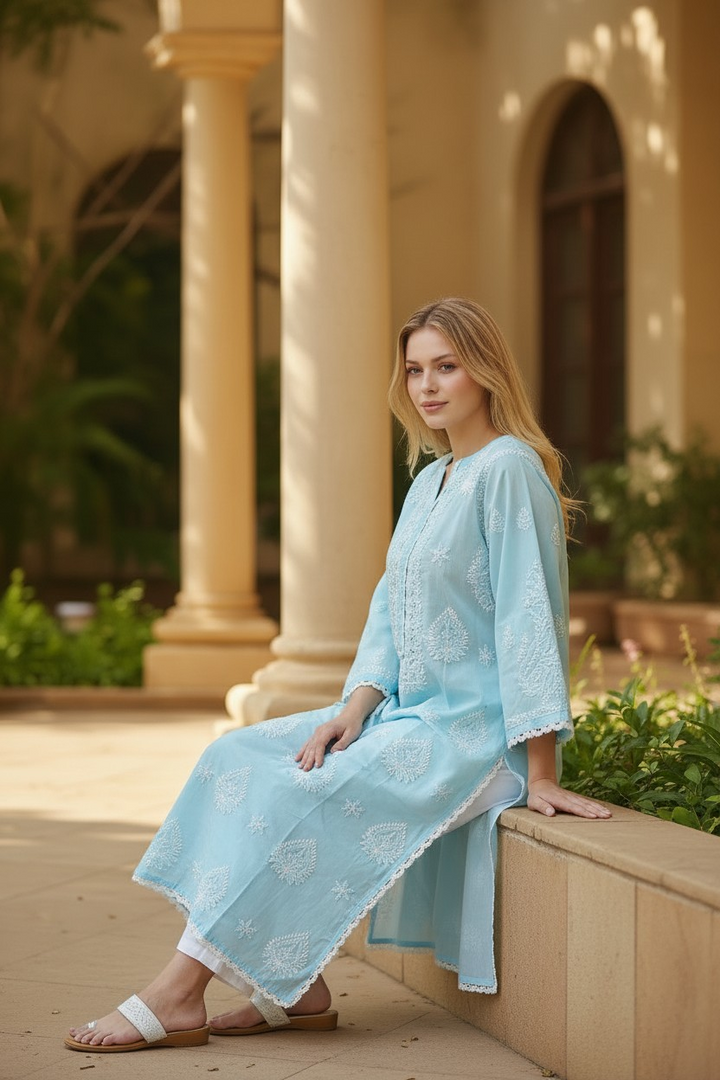 Lace Cotton Chikankari Hand Embroidered Kurti for Women | Premium Soft  | 44 Inch Length | Lucknowi Chikan Kurta
