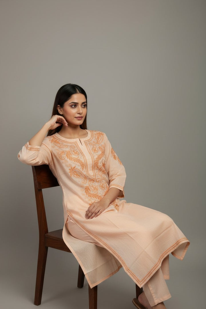 Pure Cotton Linen Lucknowi Chikankari Long Kurti | 100% Hand Embroidered | Non-Transparent | No Shrinkage