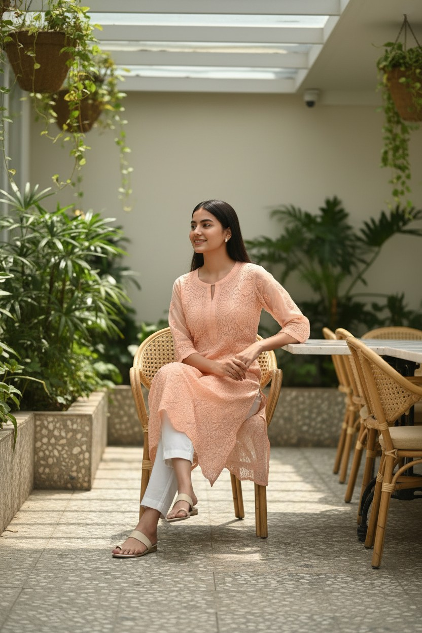 Georgette chikankari long kurti