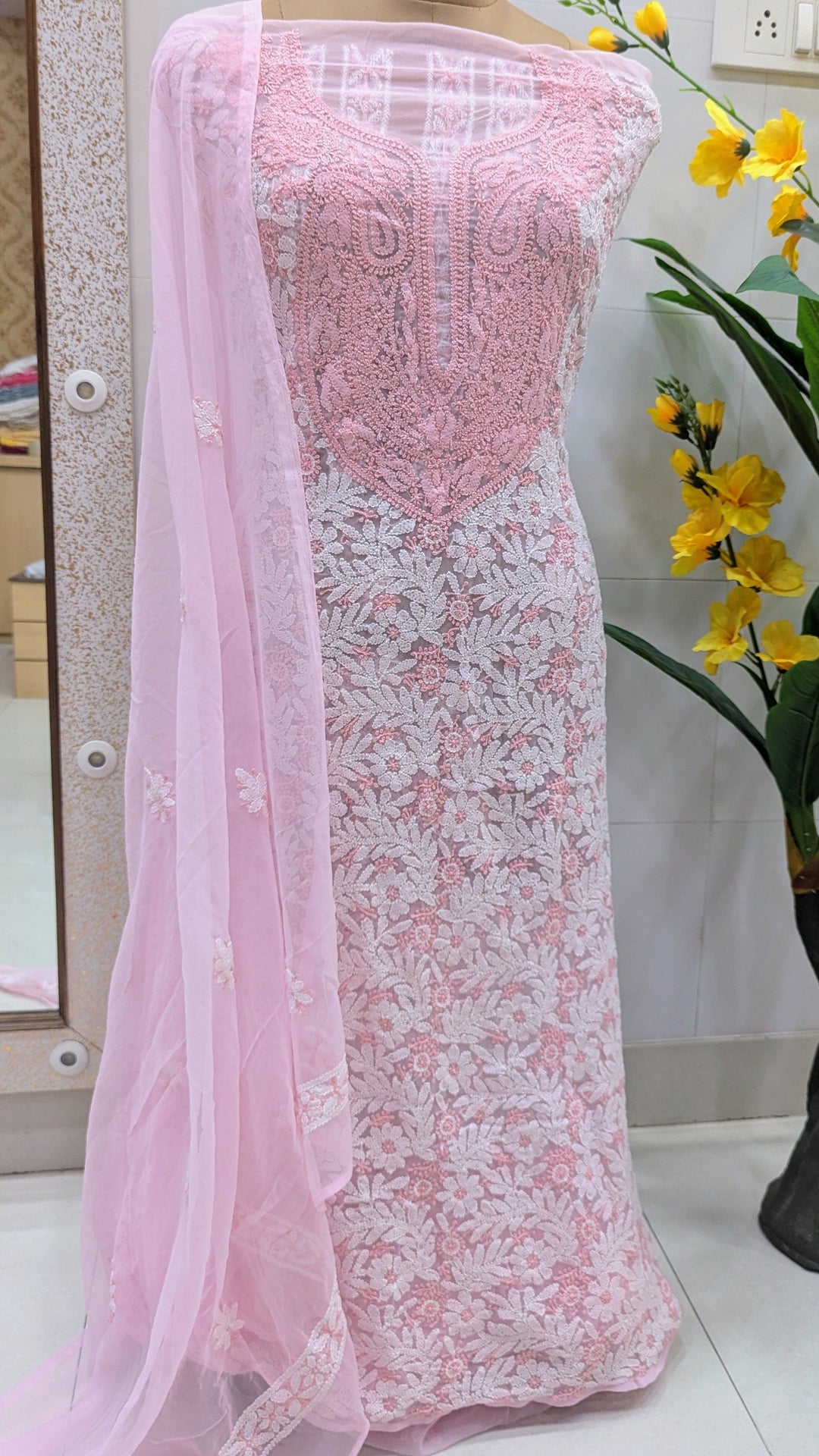 Unstitched Georgette Chikankari Dress Material | Hand Embroidered Kurta, Bottom & Dupatta