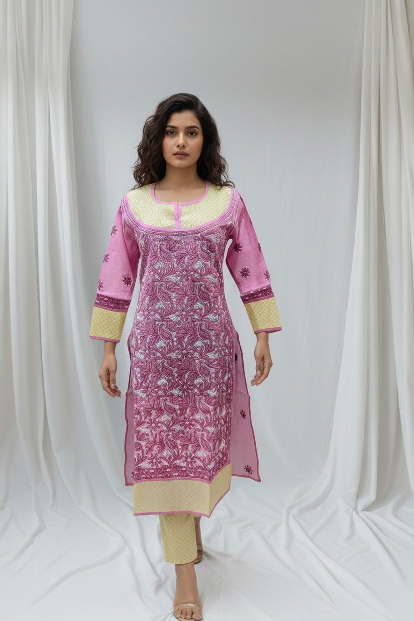 Asma Cotton Chikankari Hand Embroidered Kurti for Women | Premium  | 48 Inch approx Length | Lucknowi Chikan Kurta