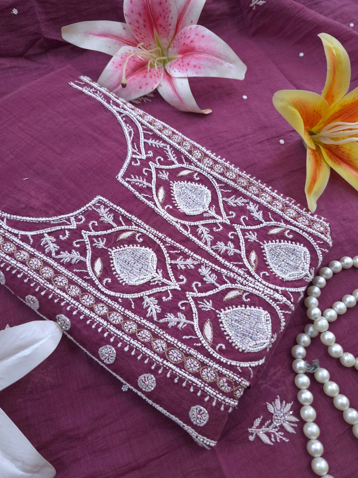 Premium Mul Chanderi Pearl, Cutdana & Kasab Hand Embroidered Unstitched Suit Set