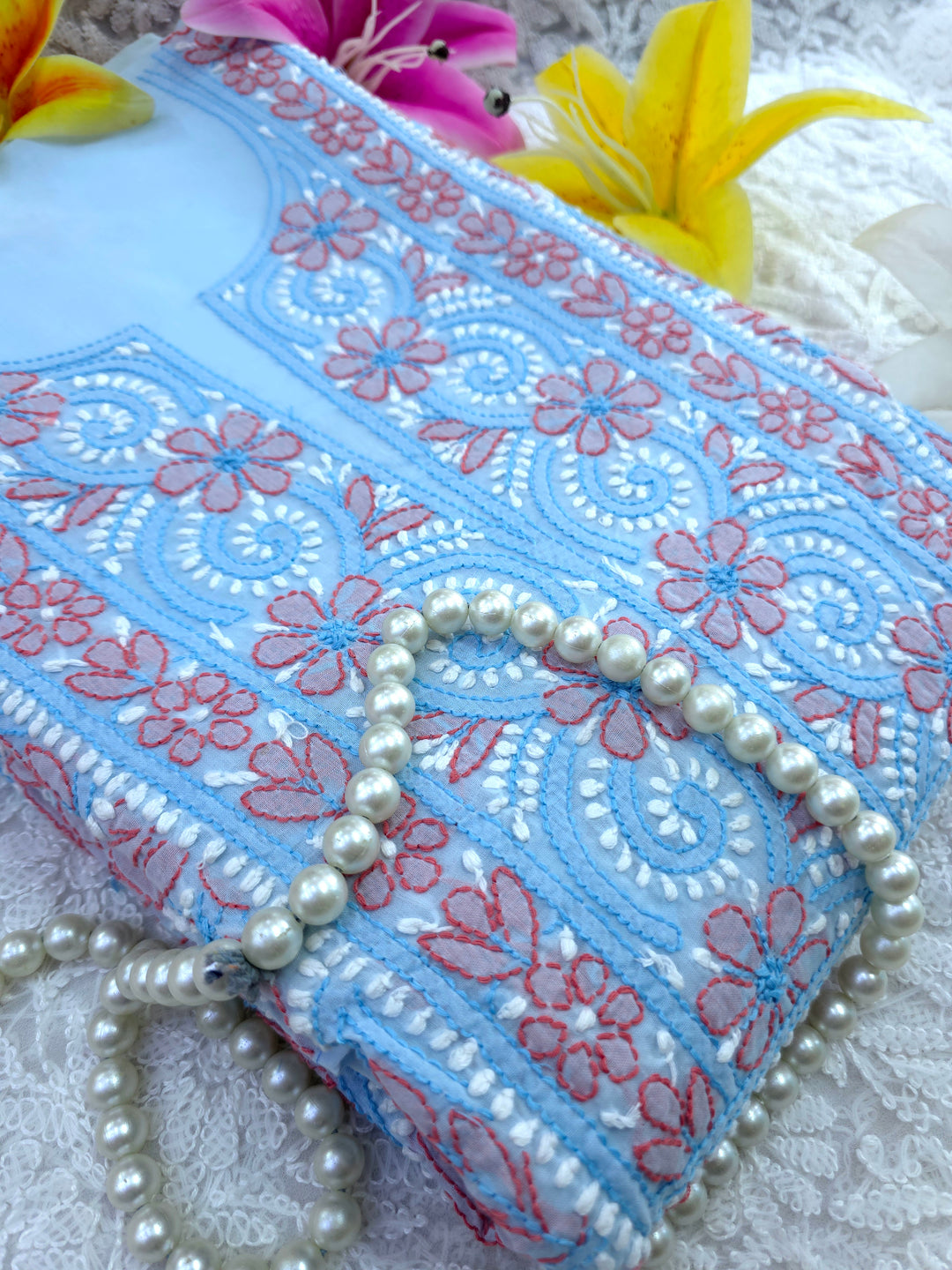 Lucknow Chikankari Hand Embroidered Cotton Dress Material with Tri-Color Motifs & Pure Chiffon Dupatta