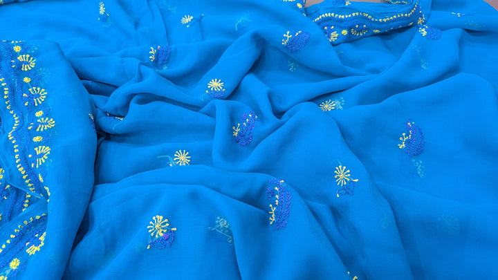 Faux Georgette Hand Chikankari Saree with Exclusive Border & Palla Design | Embroidered Blouse Included | Authentic Lucknow Handicraft by Paridhan Chikan