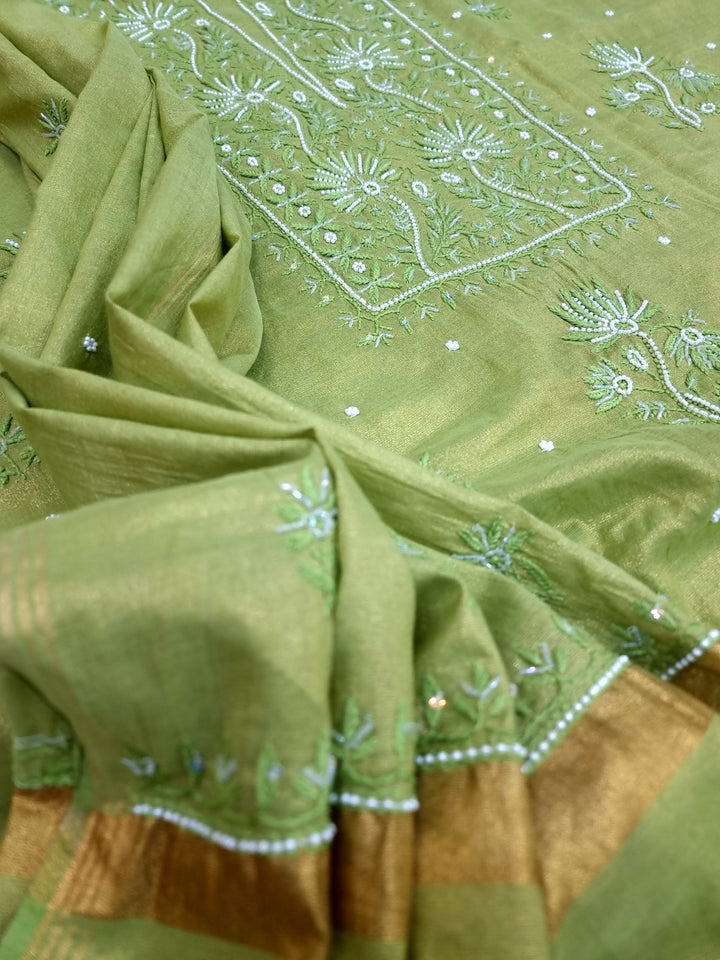Soft Tissue Chikankari Unstitched Dress Material | 3 Taar Hand Embroidery with Pearl & Cutdana Work + Golden Border Dupatta