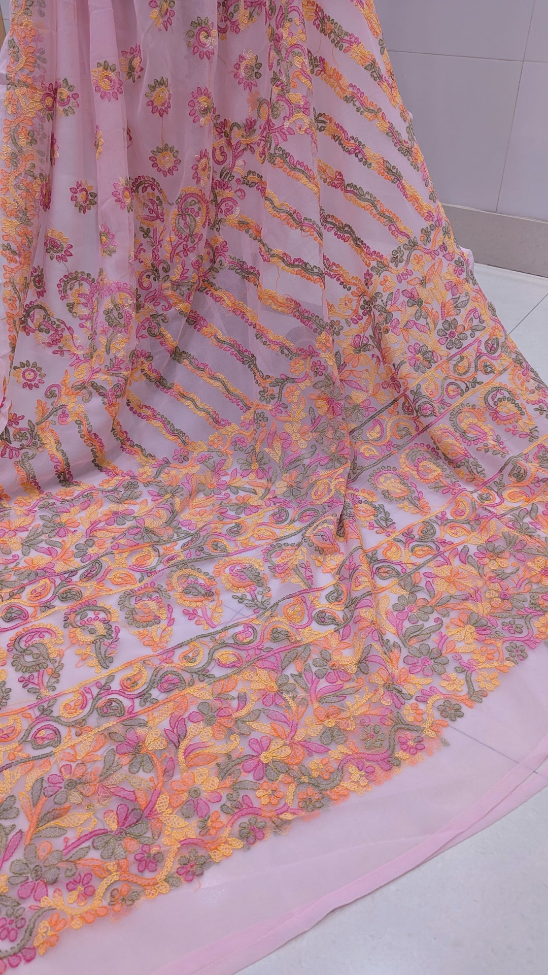 Faux Georgette Hand Chikankari Saree with Exclusive Border & designer Palla Design | Embroidered Blouse Included | Authentic Lucknow Handicraft by Paridhan Chikan