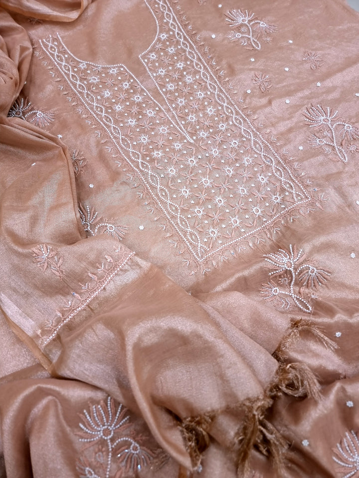 Soft Tissue Chikankari Unstitched Dress Material | 3 Taar Hand Embroidery with Pearl & Cutdana Work + Golden Border Dupatta