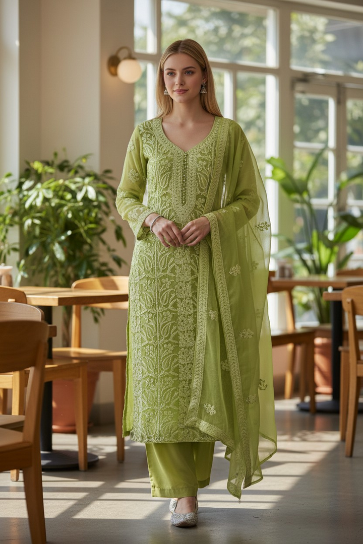Unstitched Georgette Chikankari Dress Material | Hand Embroidered Kurta, Bottom & Dupatta