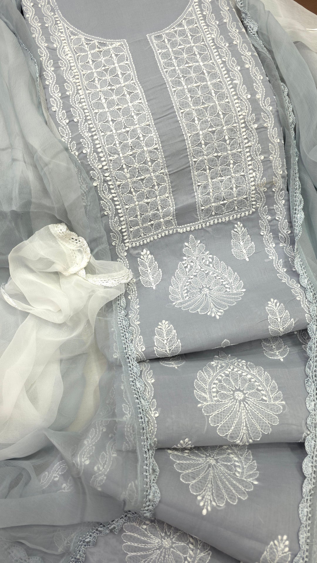 Paridhan Chikan Premium Handcrafted Chikankari Cotton Suit Set | Unstitched Dress Material with Chiffon Dupatta | Made in Lucknow