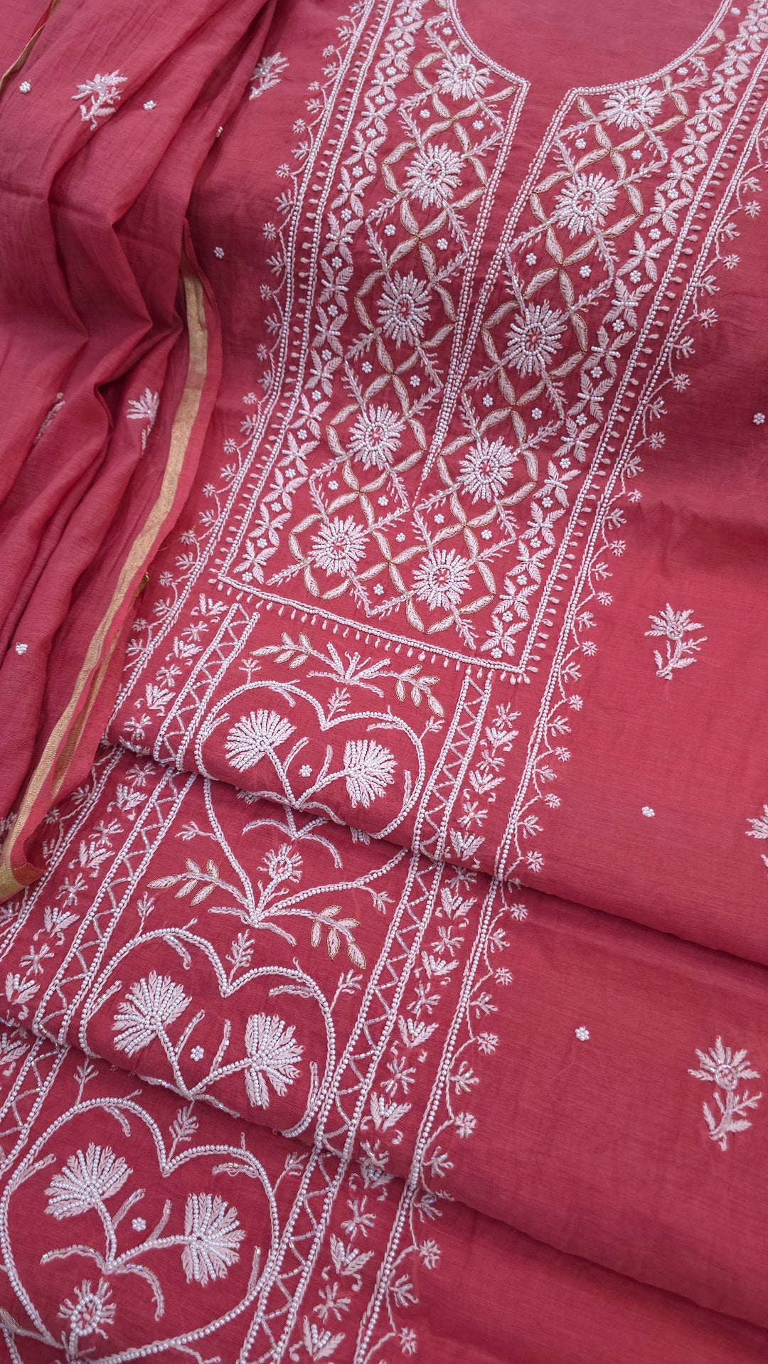 Premium Mul Chanderi Pearl, Cutdana & Kasab Hand Embroidered Unstitched Suit Set