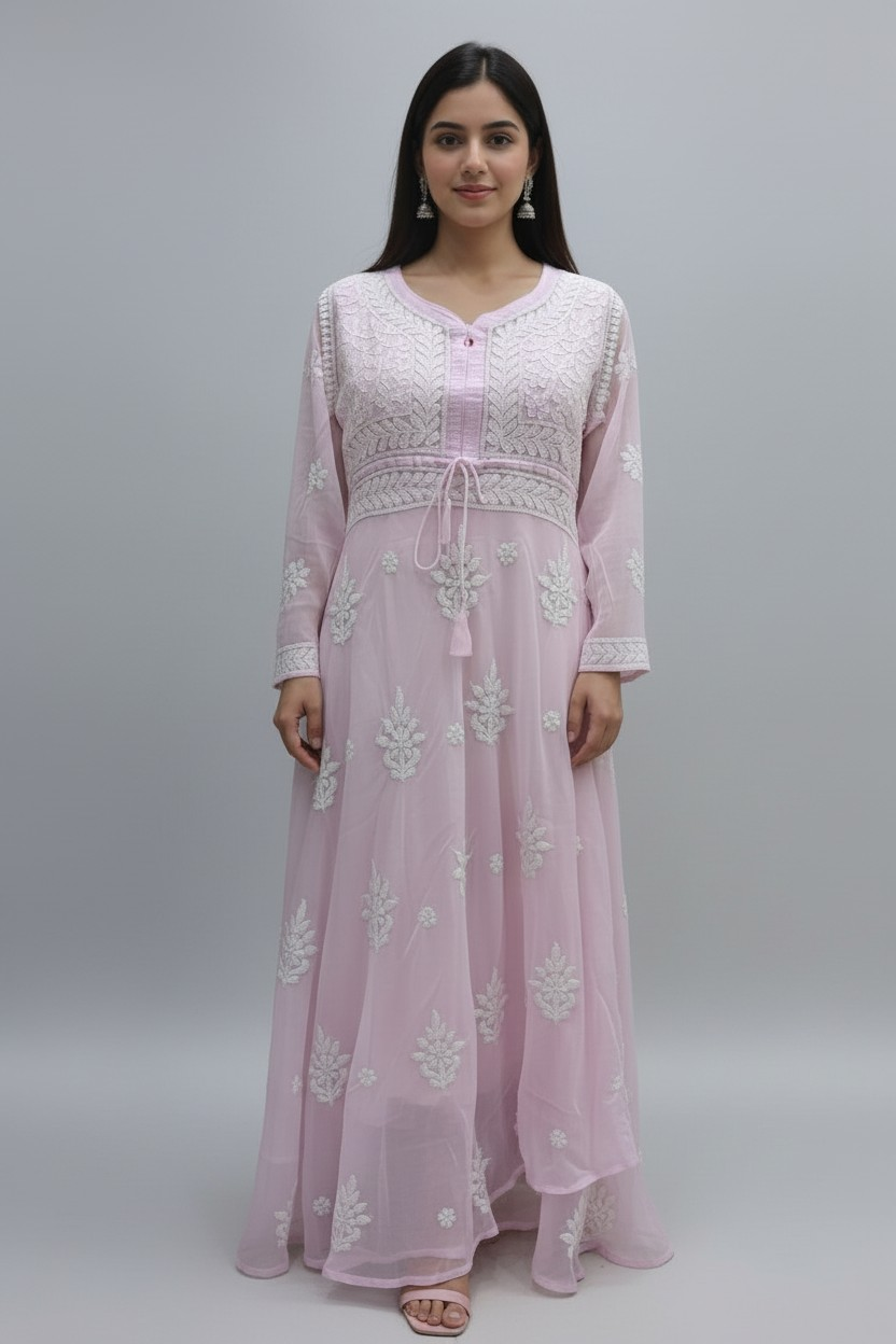 Georgette Lucknowi Chikankari 50" Long gown style Kurti | 100% Hand Embroidered| No Shrinkage