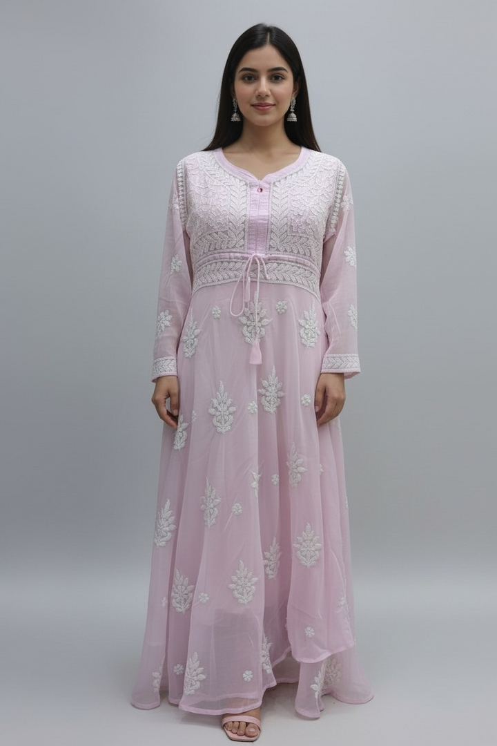 Georgette Lucknowi Chikankari 50" Long gown style Kurti | 100% Hand Embroidered| No Shrinkage