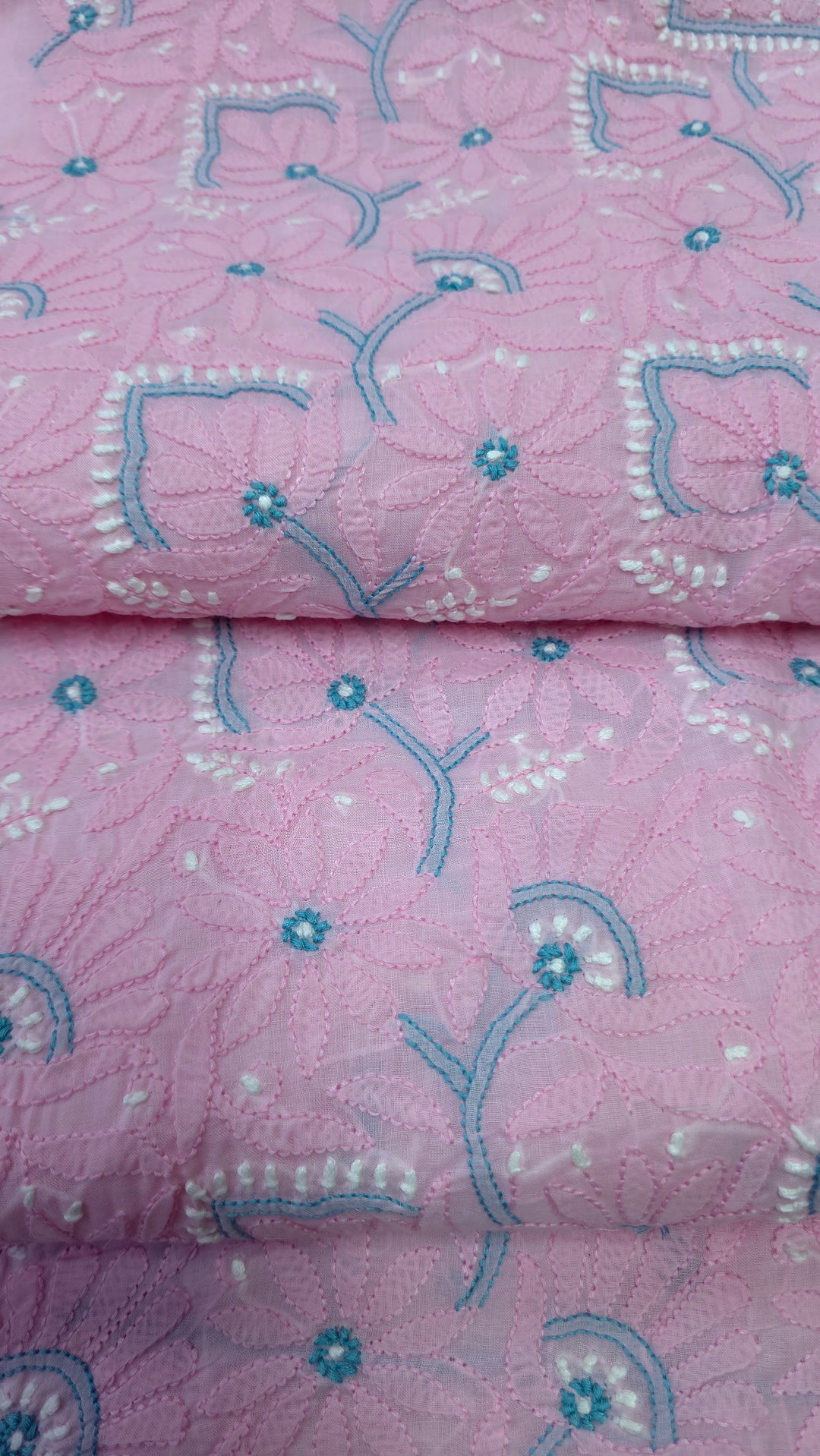 Lucknow Chikankari Hand Embroidered Cotton Dress Material with Tri-Color Motifs & Pure Chiffon Dupatta