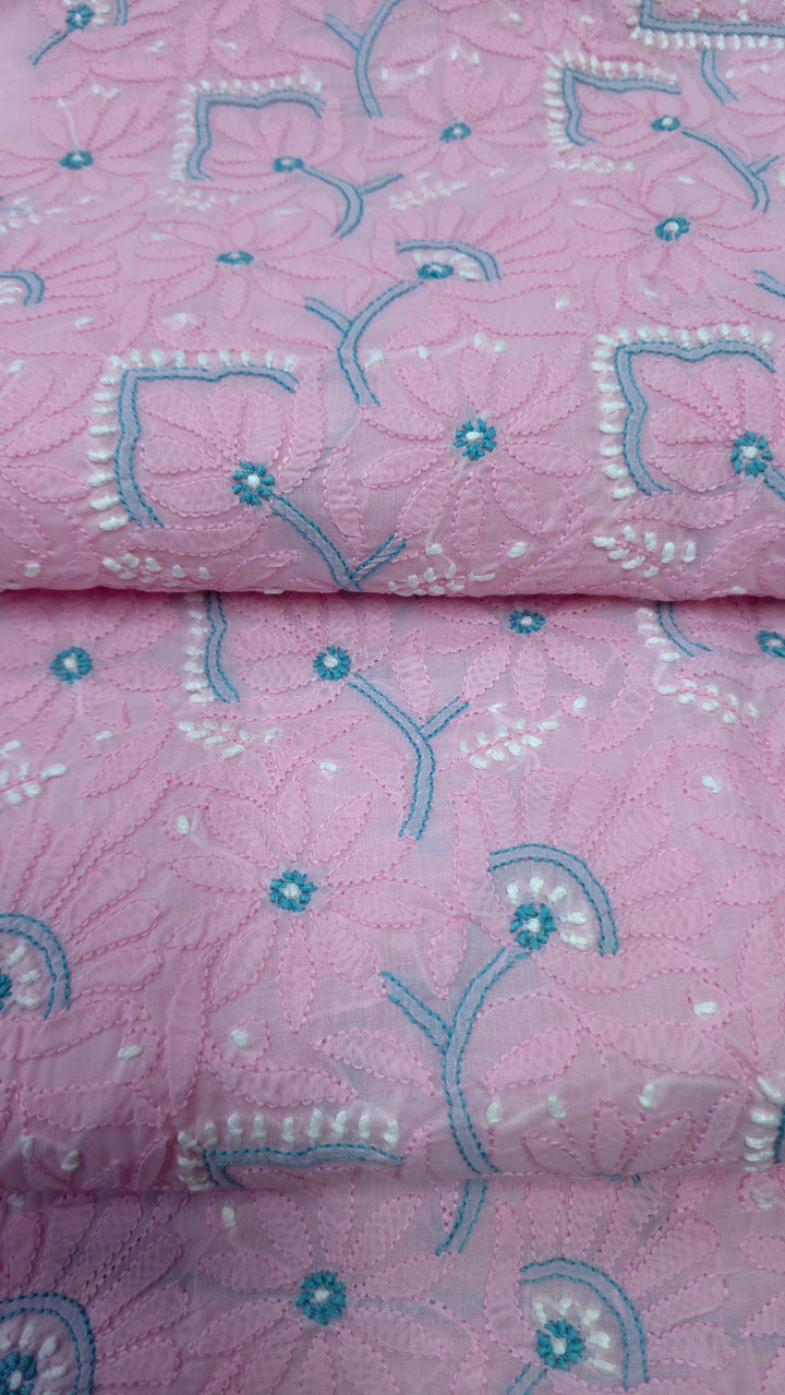 Lucknow Chikankari Hand Embroidered Cotton Dress Material with Tri-Color Motifs & Pure Chiffon Dupatta