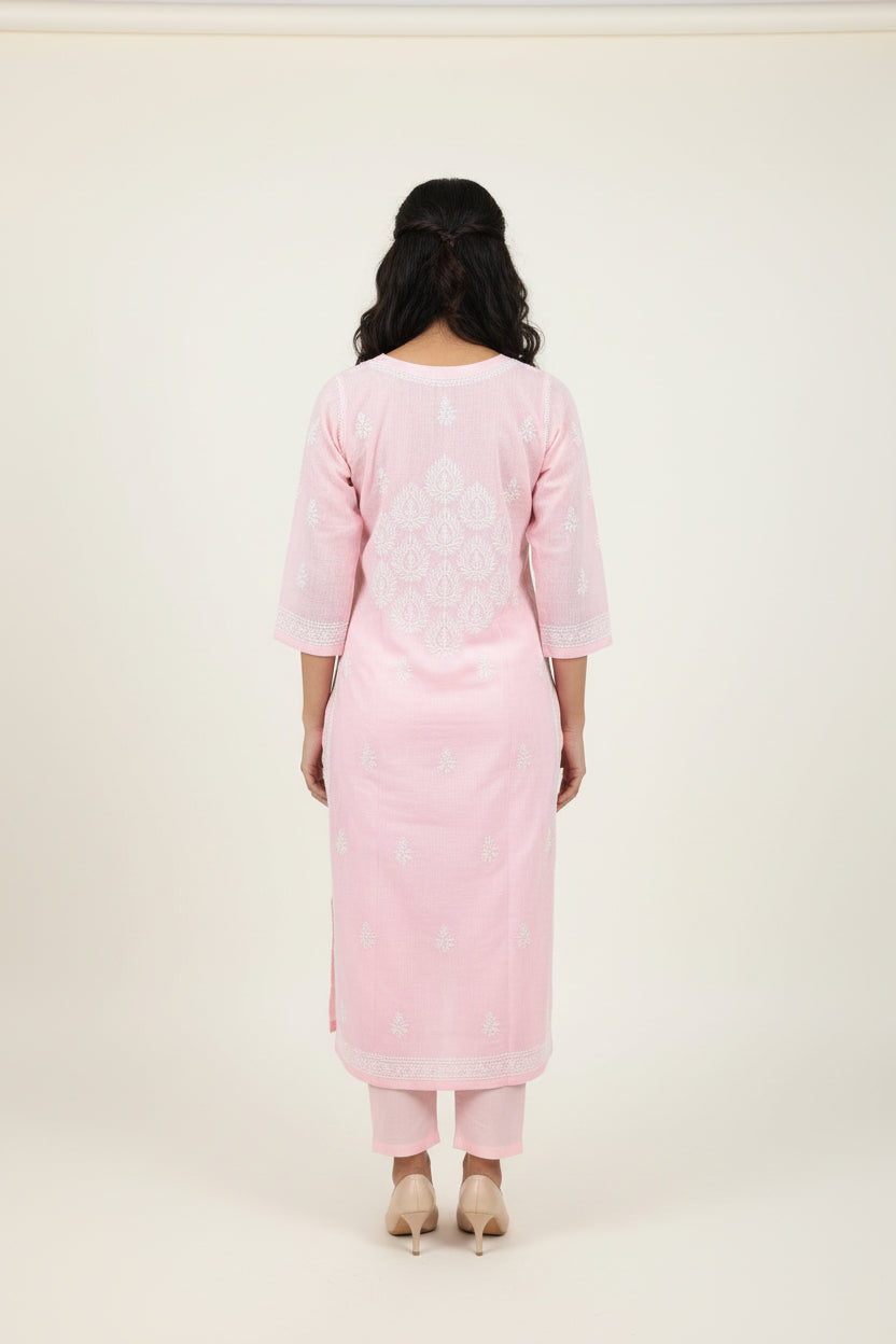 Pure Cotton Linen Lucknowi Chikankari Long Kurti | 100% Hand Embroidered | Non-Transparent | No Shrinkage