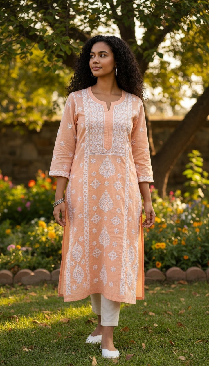 Hand Embroidery Chikankari Linen Kurti - Peach
