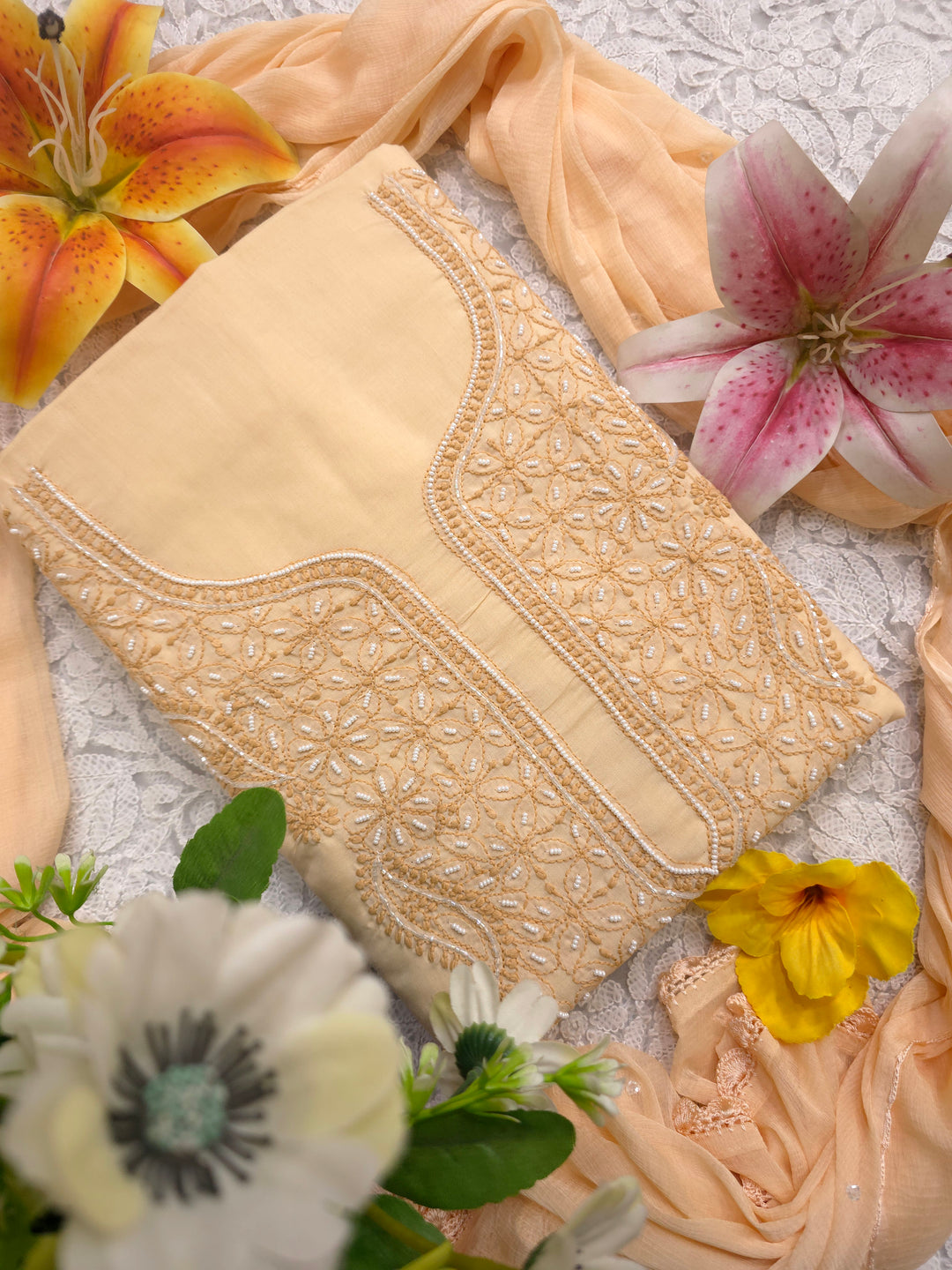 Pearl Chikankari Cotton Dress Material | Paridhan Chikan