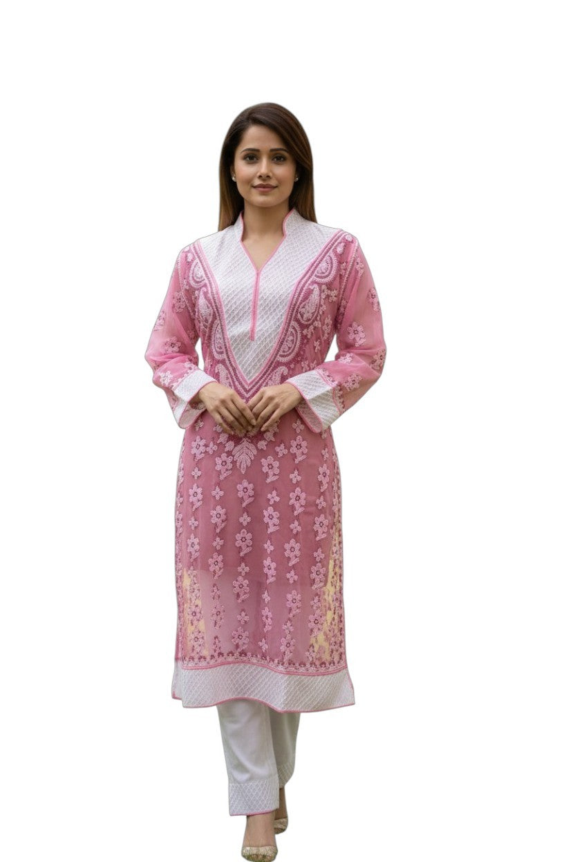 Women’s Georgette Chikankari Kurti – Designer Hand Embroidered Lucknowi Craft by Paridhan Chikan