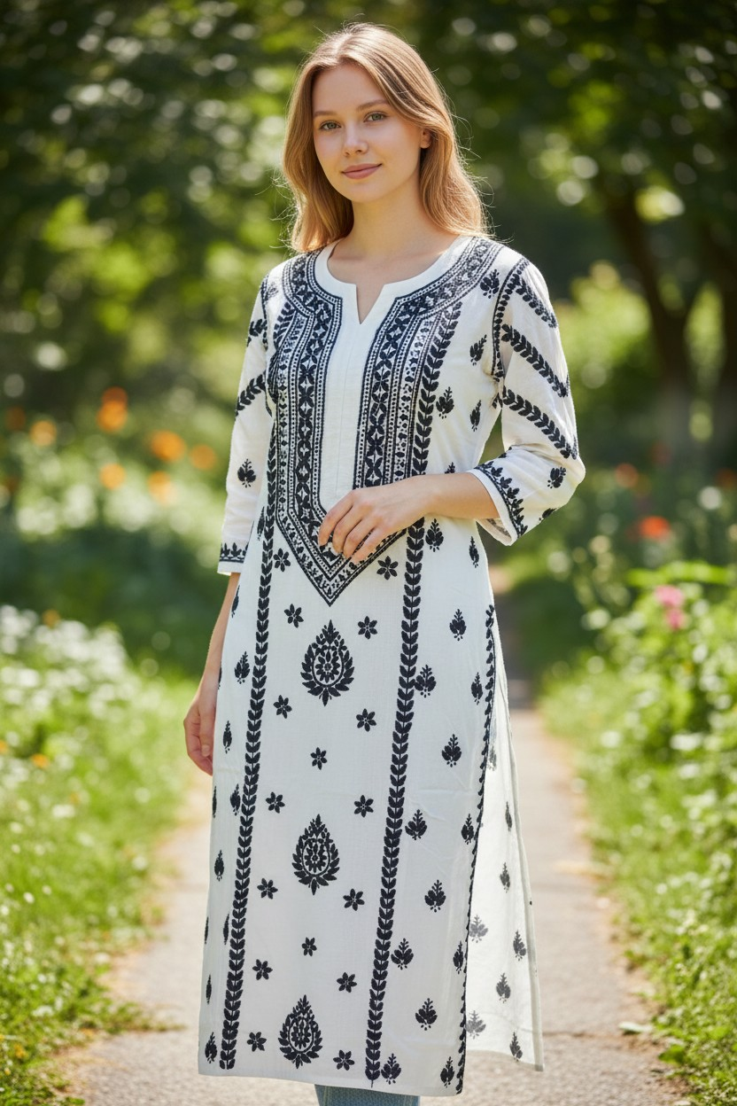 Modal Chikankari Hand Embroidered Kurti for Women | Premium Soft & Non-Transparent Fabric | 46 Inch Length | Lucknowi Chikan Kurta