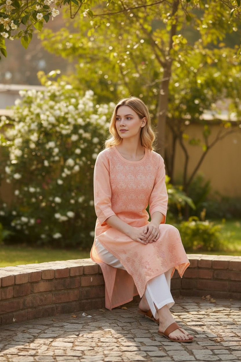 Soft Cotton Chikankari Hand Embroidered Kurti for Women | Premium Soft & Non-Transparent Fabric | 46 Inch Length | Lucknowi Chikan Kurta