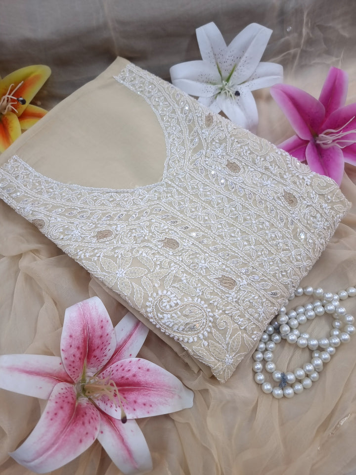 Unstitched Cotton Hand Embroidered Chikankari Dress Material with Cutdana, Resham & Badla Work | Pure Chiffon Dupatta | Lucknowi Artistry