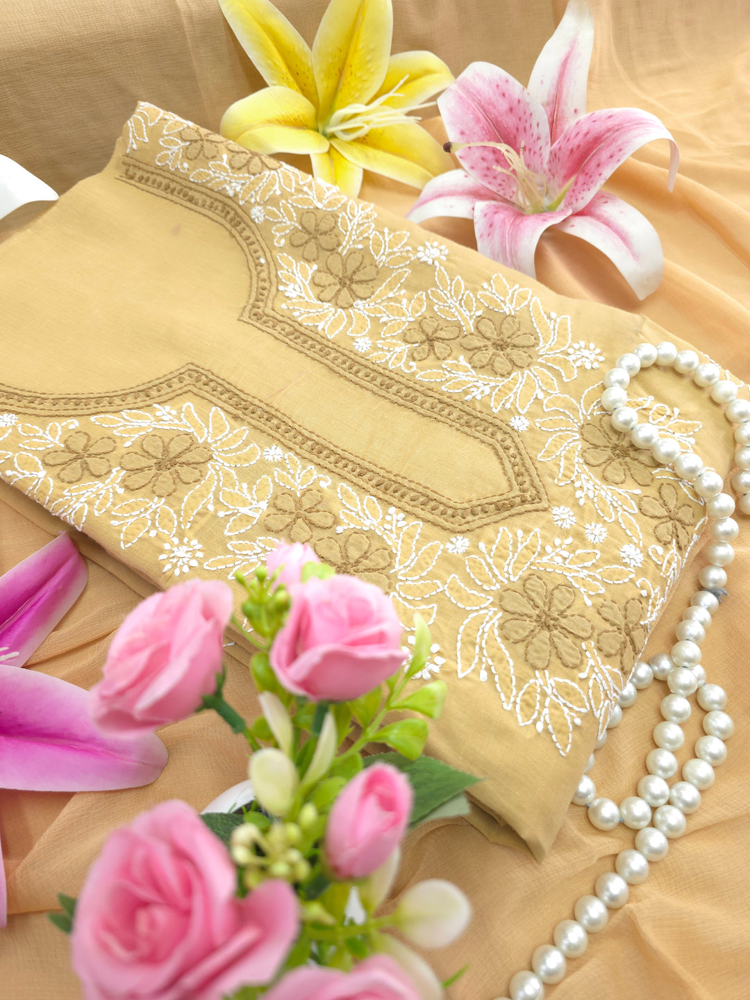 Paridhan Chikan Premium Cool Cotton Chikankari Dress Material Set with Hand Embroidered Kurta, Bottom & Chiffon Dupatta with Handmade Crochet Border