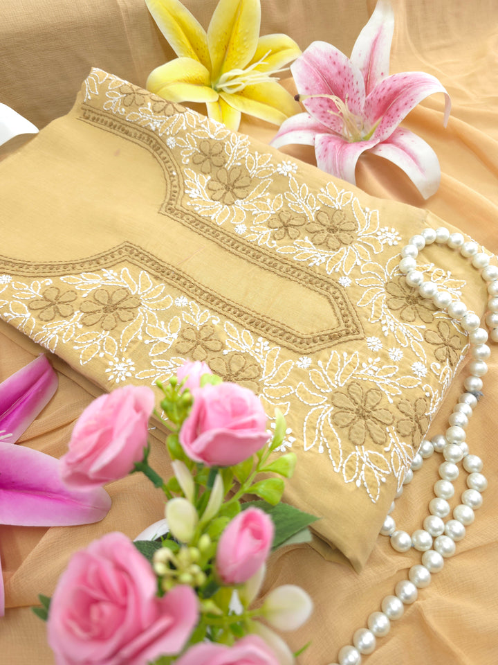 Paridhan Chikan Premium Cool Cotton Chikankari Dress Material Set with Hand Embroidered Kurta, Bottom & Chiffon Dupatta with Handmade Crochet Border