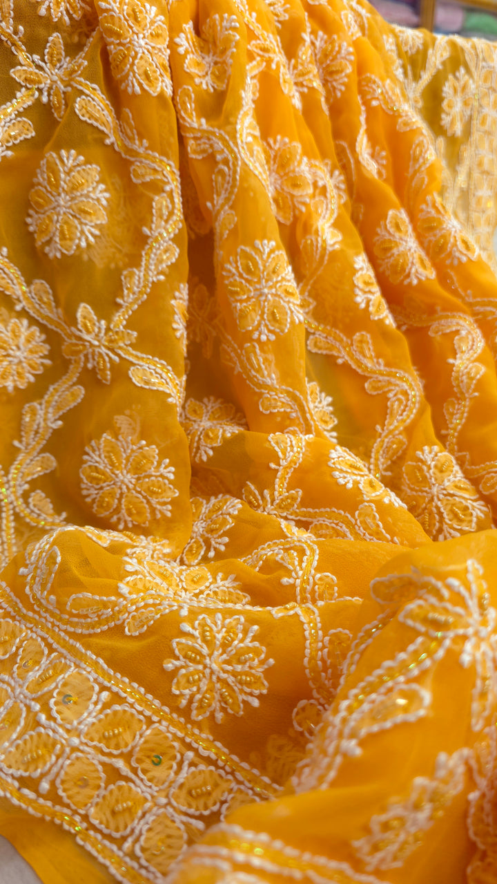 Pearl Chikankari Saree on Faux Georgette with Matching Blouse | Hand Embroidered Lucknowi Saree | Paridhan Chikan Heritage Collection