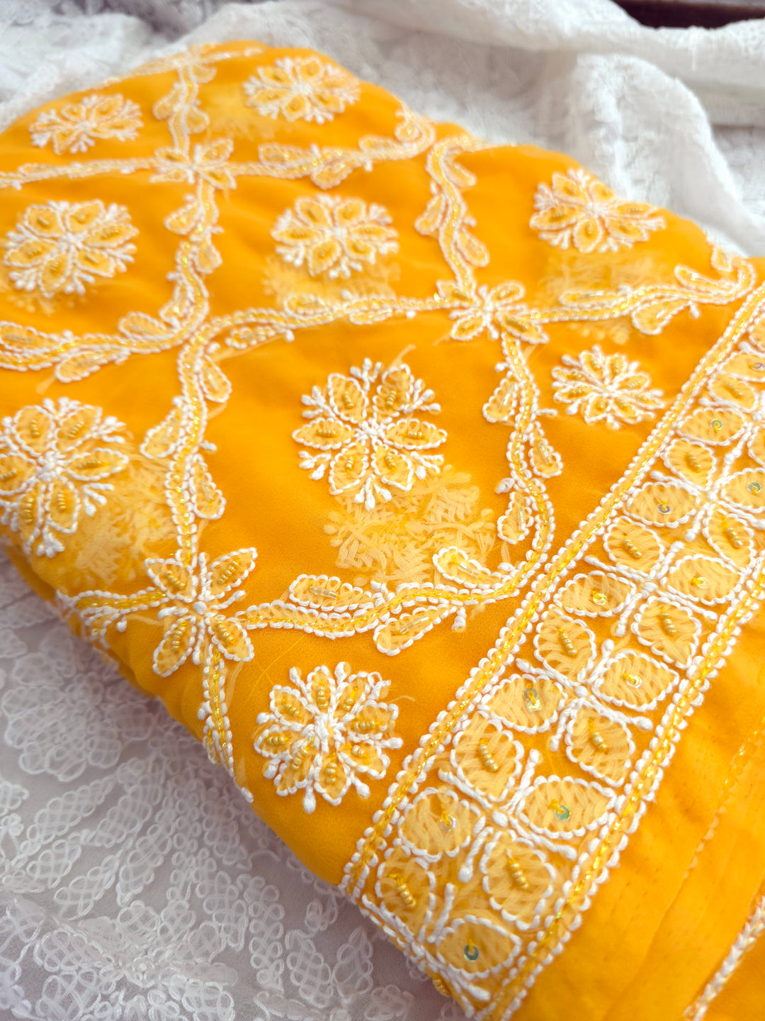 Pearl Chikankari Saree on Faux Georgette with Matching Blouse | Hand Embroidered Lucknowi Saree | Paridhan Chikan Heritage Collection