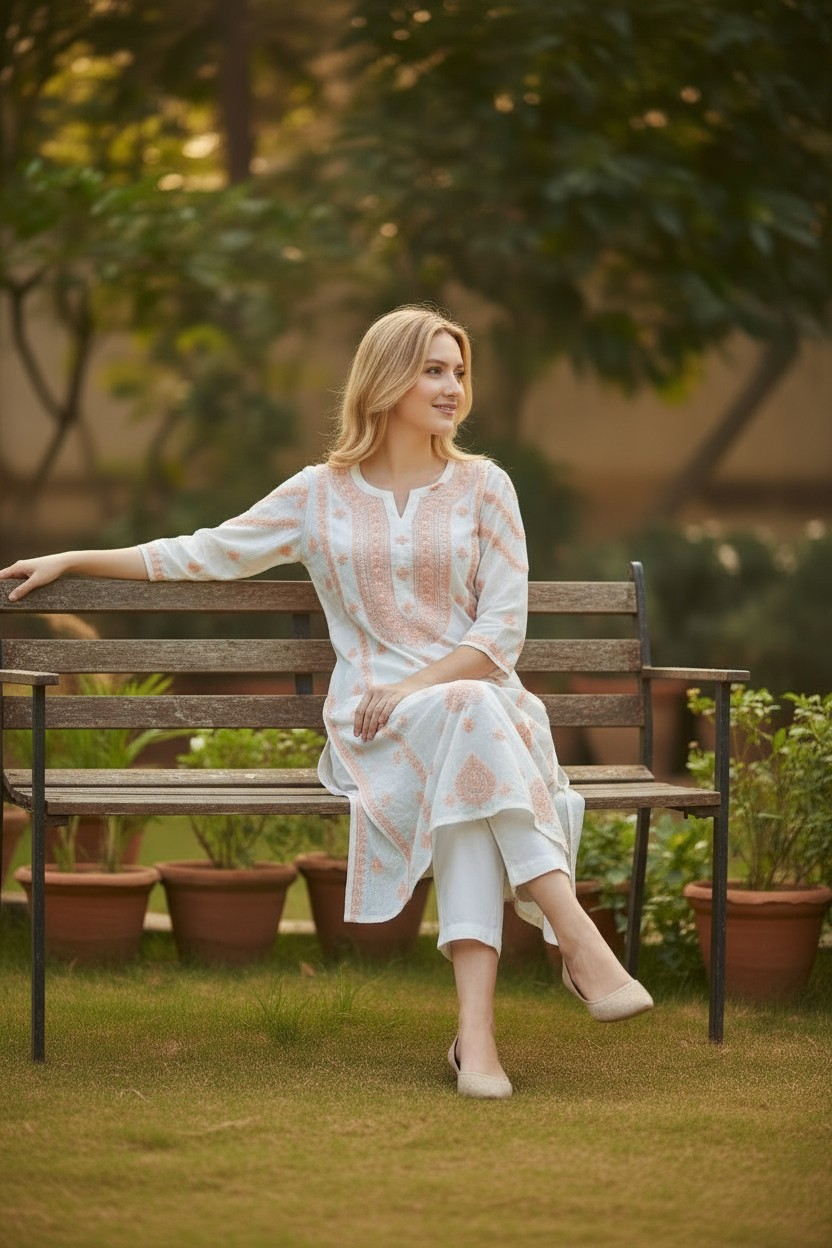 Modal Chikankari Hand Embroidered Kurti for Women | Premium Soft & Non-Transparent Fabric | 46 Inch Length | Lucknowi Chikan Kurta
