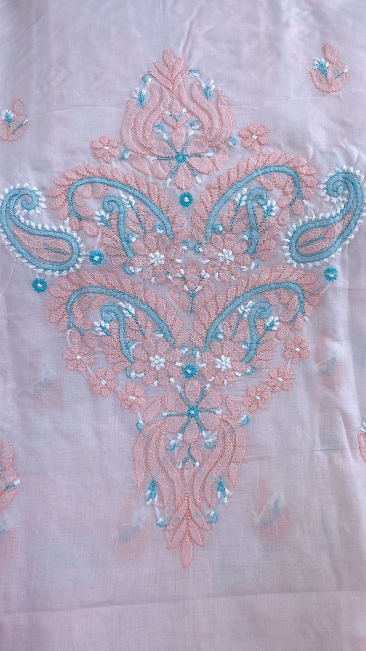 Lucknow Chikankari Hand Embroidered Cotton Dress Material with Tri-Color Motifs & Pure Chiffon Dupatta