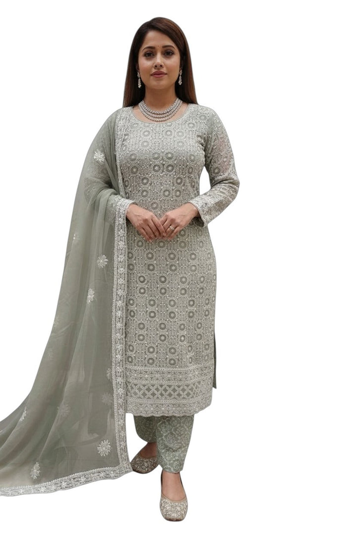 Unstitched Georgette Chikankari Dress Material | Hand Embroidered Kurta, Bottom & Dupatta
