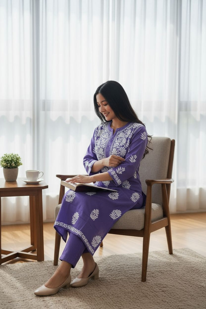 Modal Satin Chikankari Long Kurta | Hand-Embroidered Lucknowi Kurti for Women