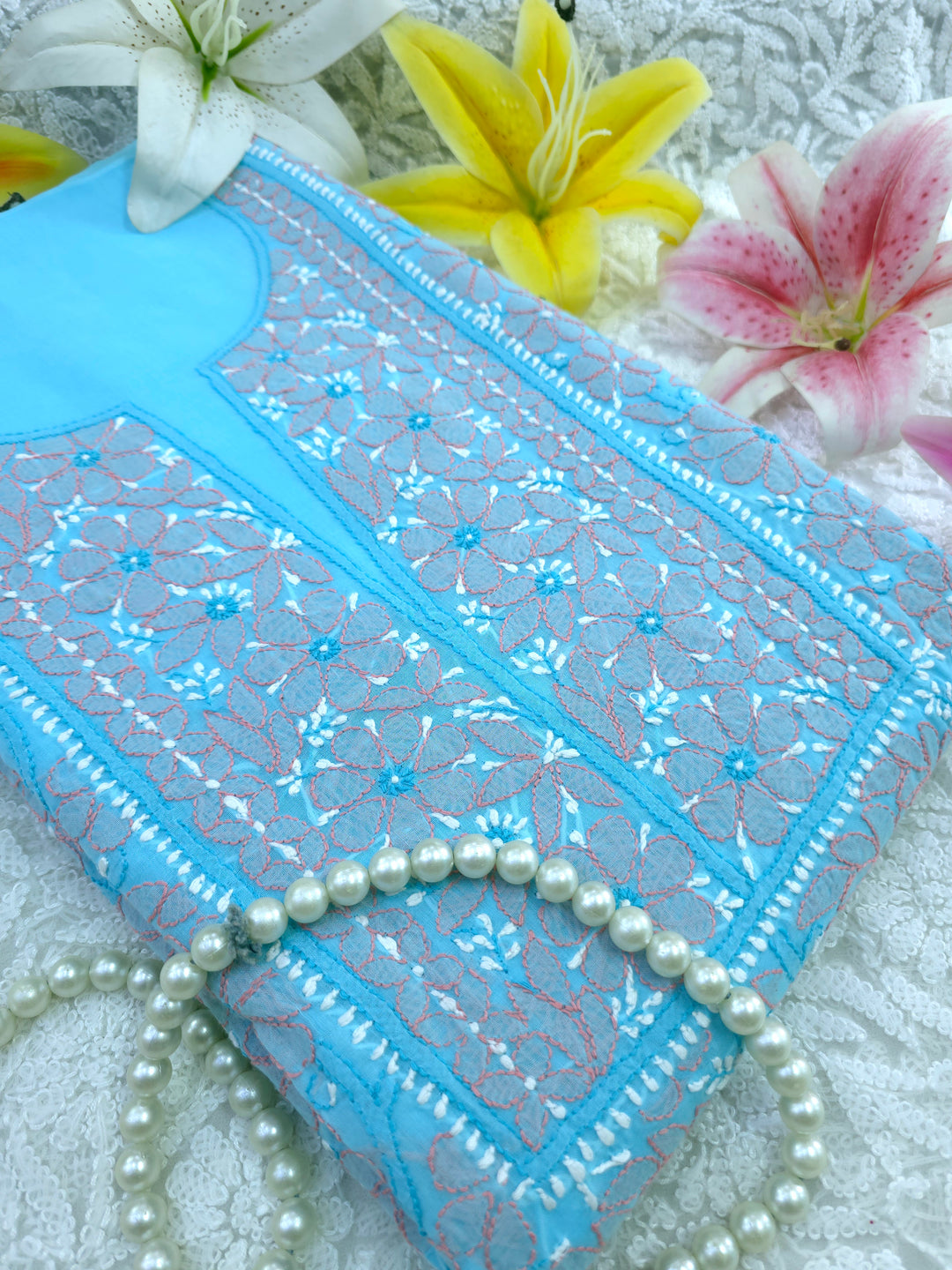 Lucknow Chikankari Hand Embroidered Cotton Dress Material with Tri-Color Motifs & Pure Chiffon Dupatta