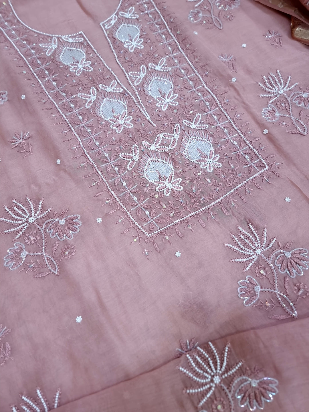 Premium Mul Chanderi Supersoft Dyeable Chikankari Dress Material | Hand Embroidered with Pearls & Cutdaana | Kurta & Dupatta Set