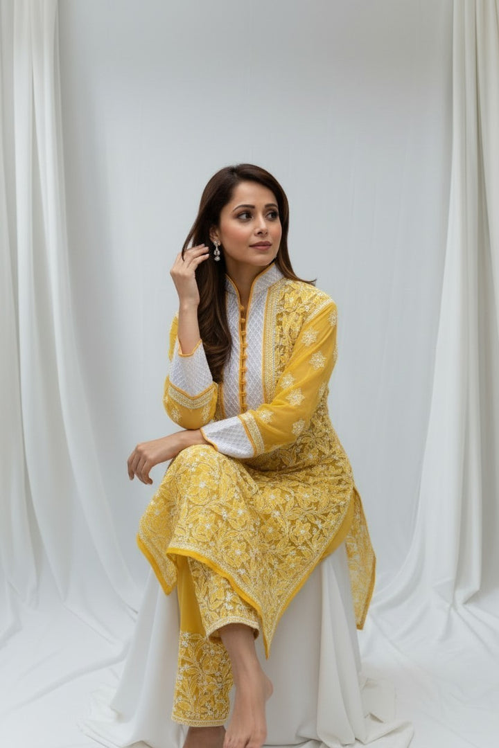 Women’s Georgette Chikankari Kurti – Designer Hand Embroidered Lucknowi Craft by Paridhan Chikan