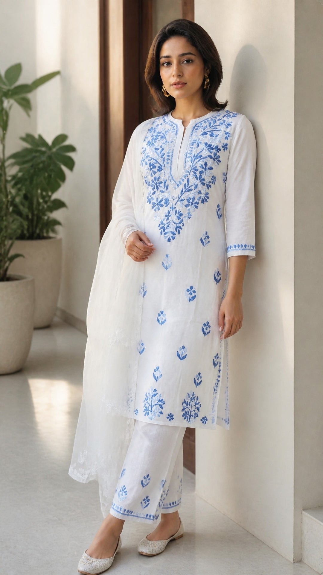 Ananya Rayon Colored Thread Chikankari Kurta Palazzo Dupatta Set | Lucknow Hand Embroidery | Paridhan Chikan