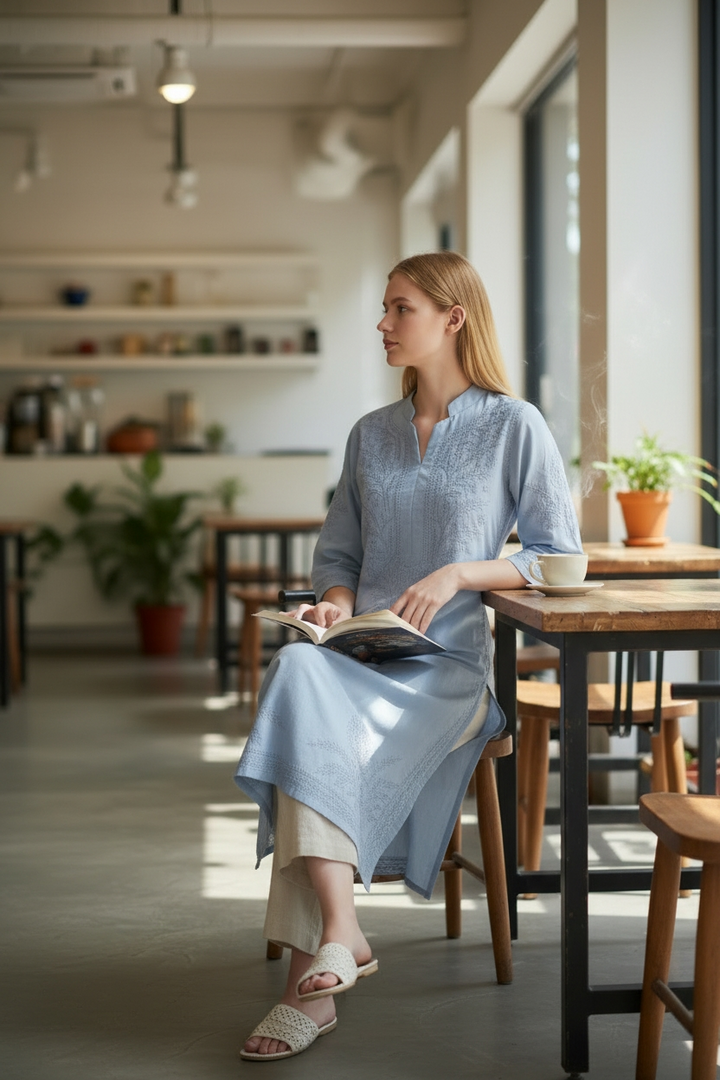 Soft Cotton Chikankari Hand Embroidered Kurti for Women | Premium Soft & Non-Transparent Fabric | 46 Inch Length | Lucknowi Chikan Kurta