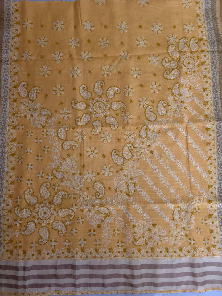 Hand Embroidered Chikankari Banarasi Silk Saree with Intricate Border & Palla Pattern – Includes  Blouse | Paridhan Chikan