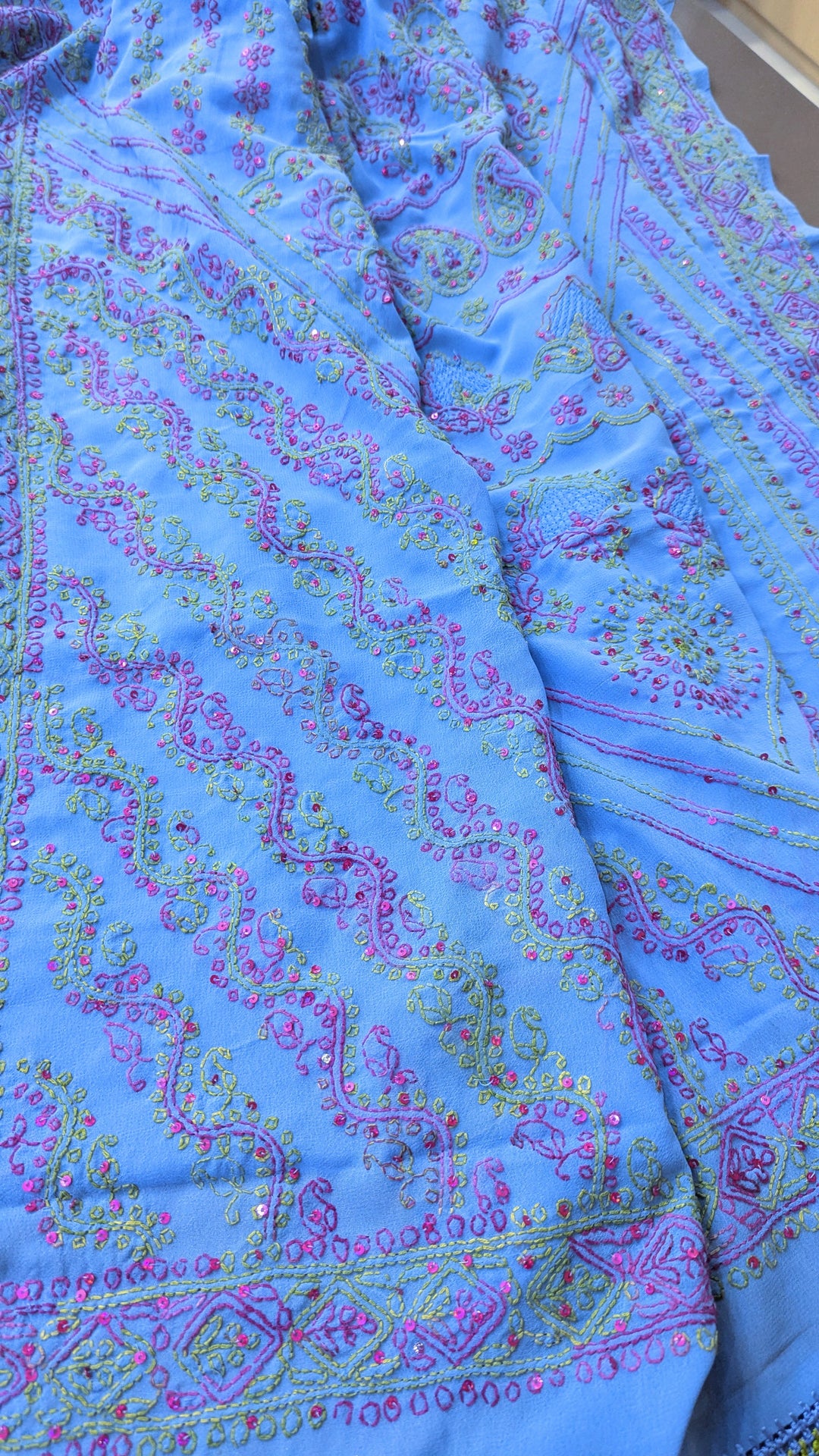Faux Georgette Hand Chikankari Saree with Exclusive Border & designer Palla Design | Embroidered Blouse Included | Authentic Lucknow Handicraft by Paridhan Chikan